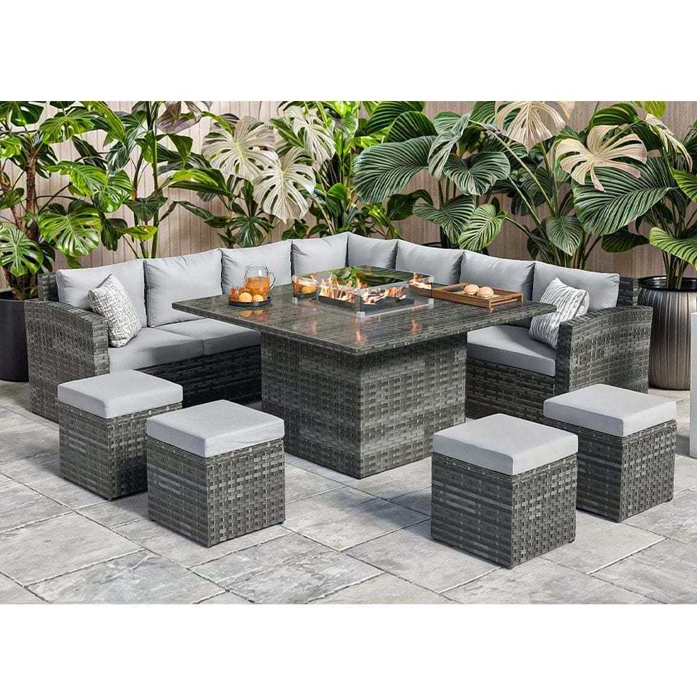 AJUNION Modern L Shape Outdoor Furniture Sofa Set Sectional Corner Lounge Patio Furniture with Fire Pit Table