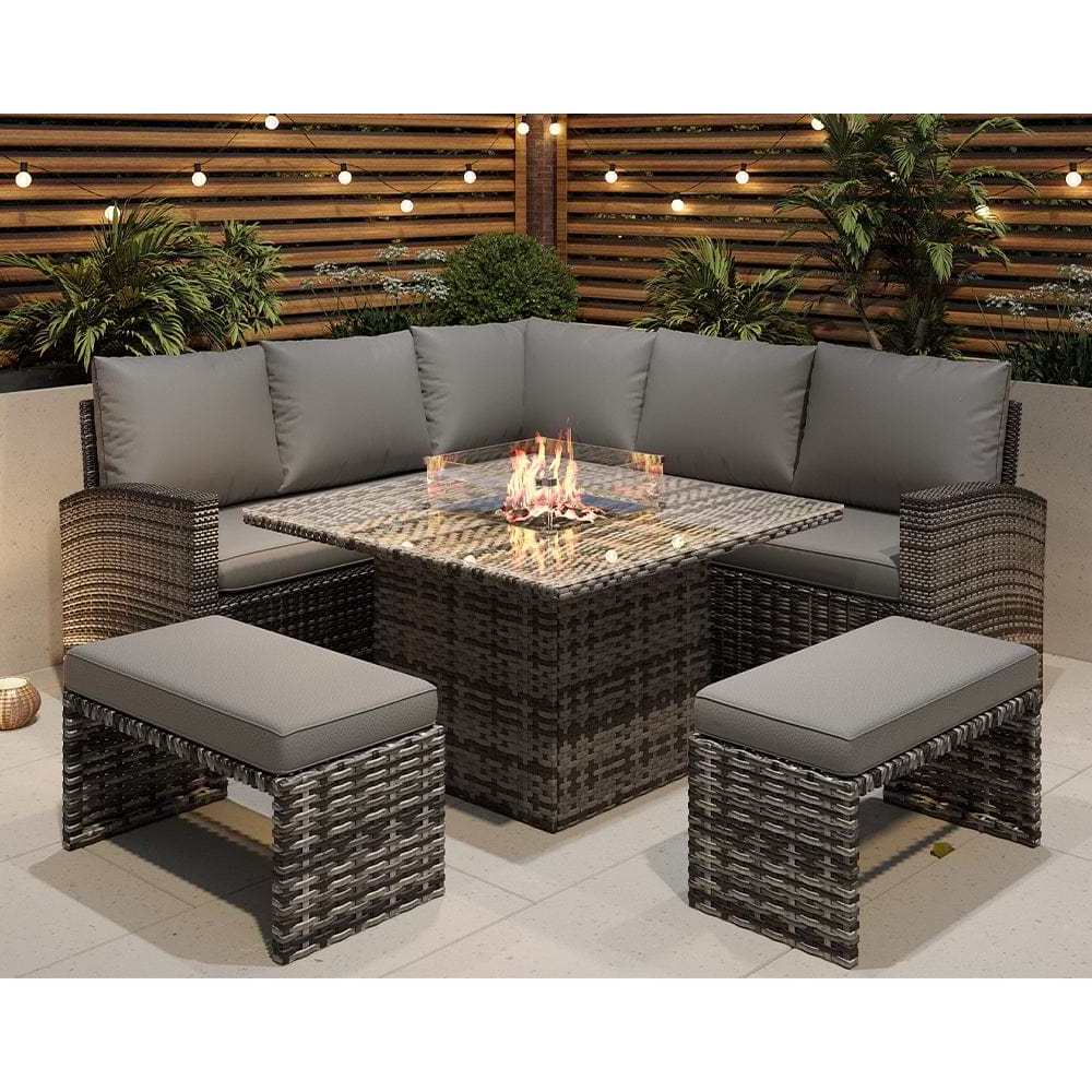 AJUNION Modern L Shape Outdoor Furniture Sofa Set Sectional Corner Lounge Patio Furniture with Fire Pit Table