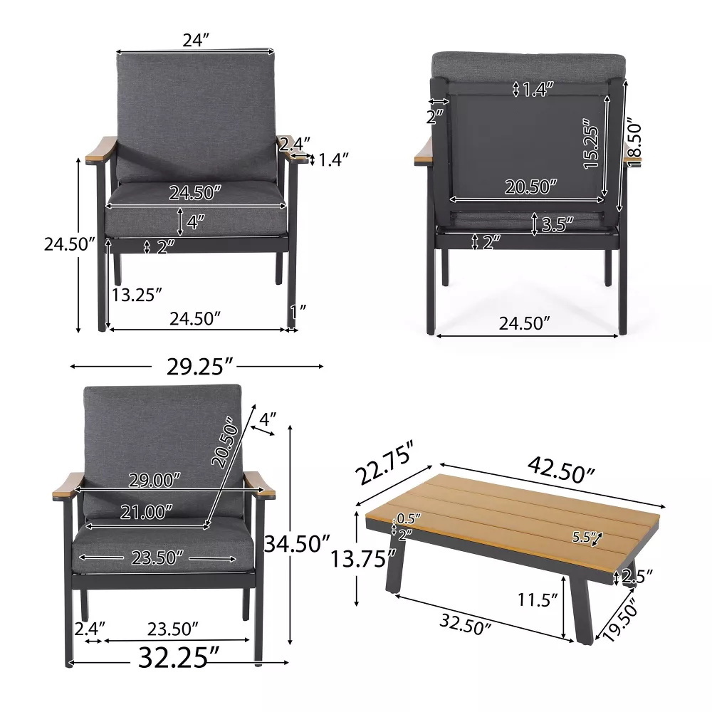 AJUNION 4 Piece Aluminum Outdoor Furniture Faux Wood Material Garden Set Sofa with Coffee Table