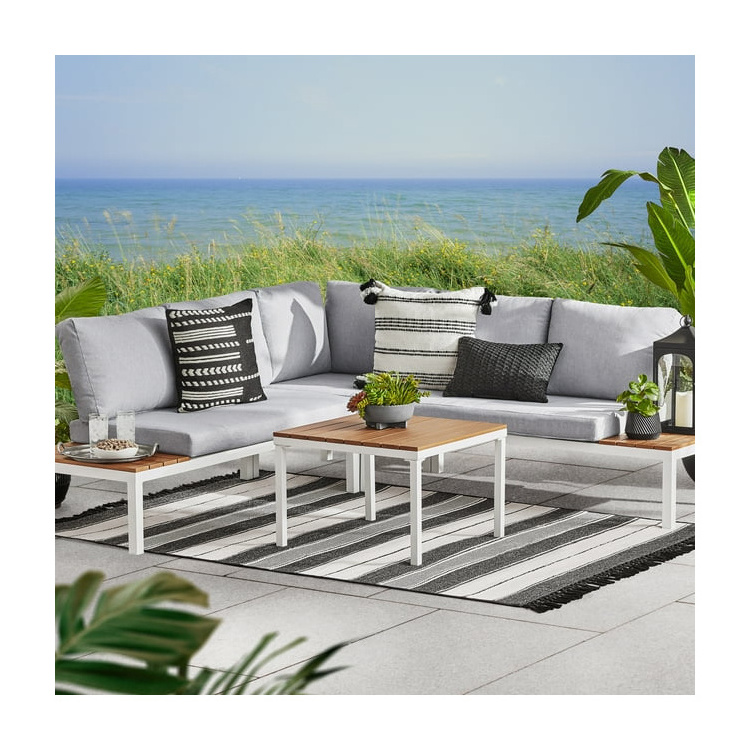 AJUNION Aluminum Outdoor Furniture L Shape Sectional Sofa Plastic Teak Wood Corner Lounge Outdoor Sofa Set