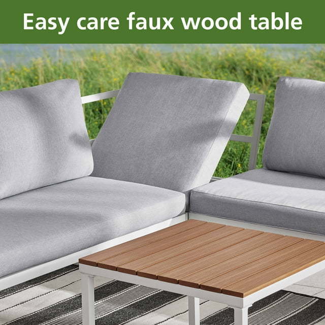 AJUNION Aluminum Outdoor Furniture L Shape Sectional Sofa Plastic Teak Wood Corner Lounge Outdoor Sofa Set