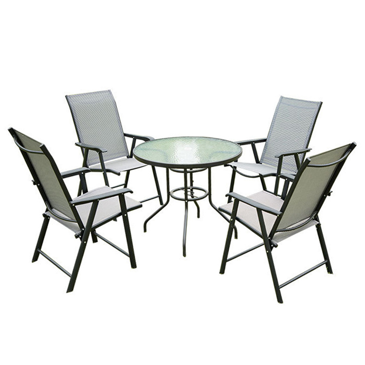 Outdoor Patio Restaurant Coffee Shop Garden Round Glass Top Dining Table and Teslin Chair Set