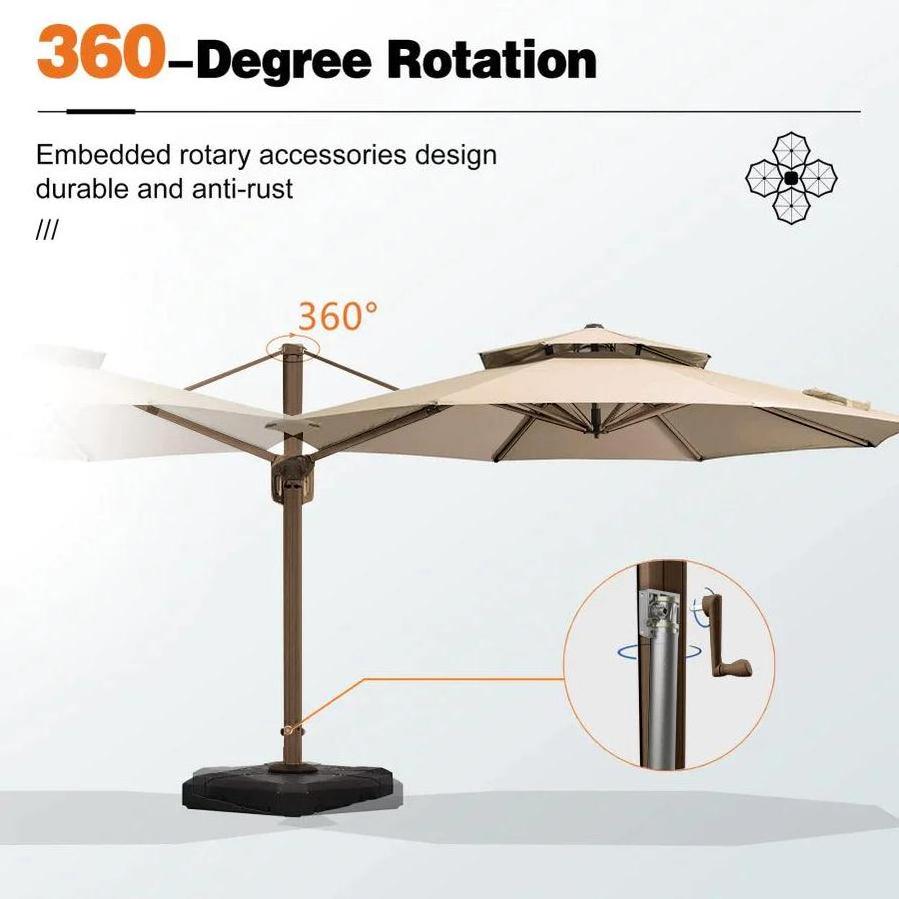 AJUNION 3M Roma Round Aluminium Double roof Umbrella Deluxe Patio Commercial Umbrella with LED Light