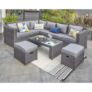 AJUNION 8 Seater Outdoor Furniture Rattan Garden Sofa Wicker Woven Corner Lounge Sofa Set for Backyard