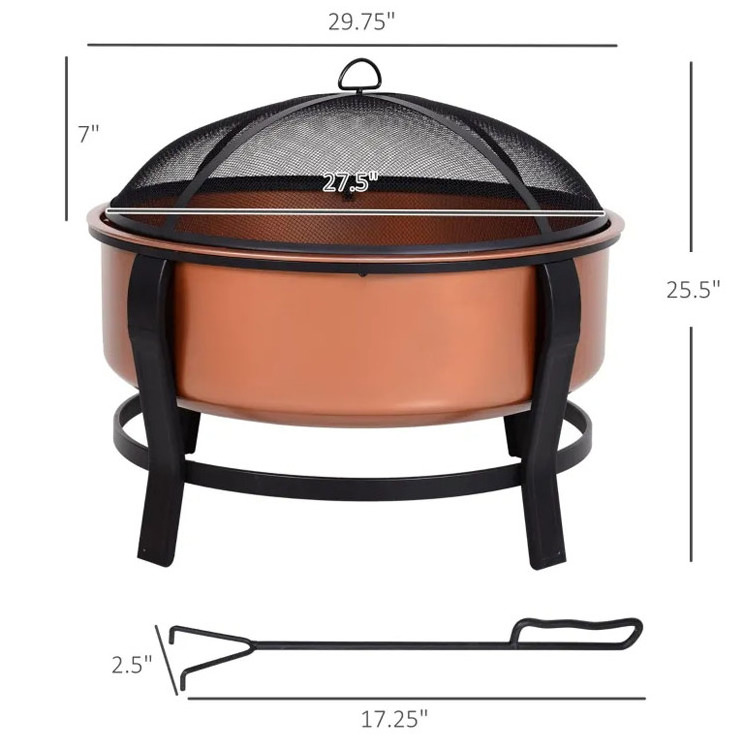 Modern Outdoor Patio Backyard Garden Bonfire Camping Portable Copper-Colored Round Metal Wood Burning Firepit Fire Pit