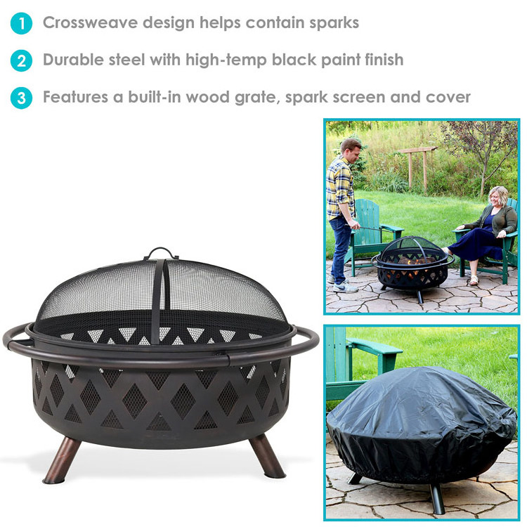 Outdoor Patio Backyard Garden Bonfire Camping Round Crossweave Steel Wood Burning Firepit Fire Pit Bowl with Poker and Cover