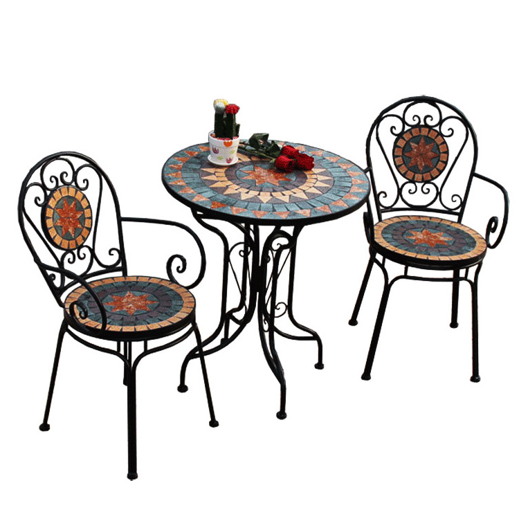 Nordic Antique Outdoor Balcony Patio Garden Bistro Metal Iron Mosaic  2 Seater Table and Chair