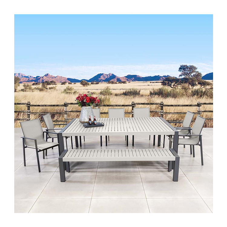 AJUNION 9 Piece Luxury Outdoor Dining Set Metal Patio Furniture Teak Wood Dining Table with Bench