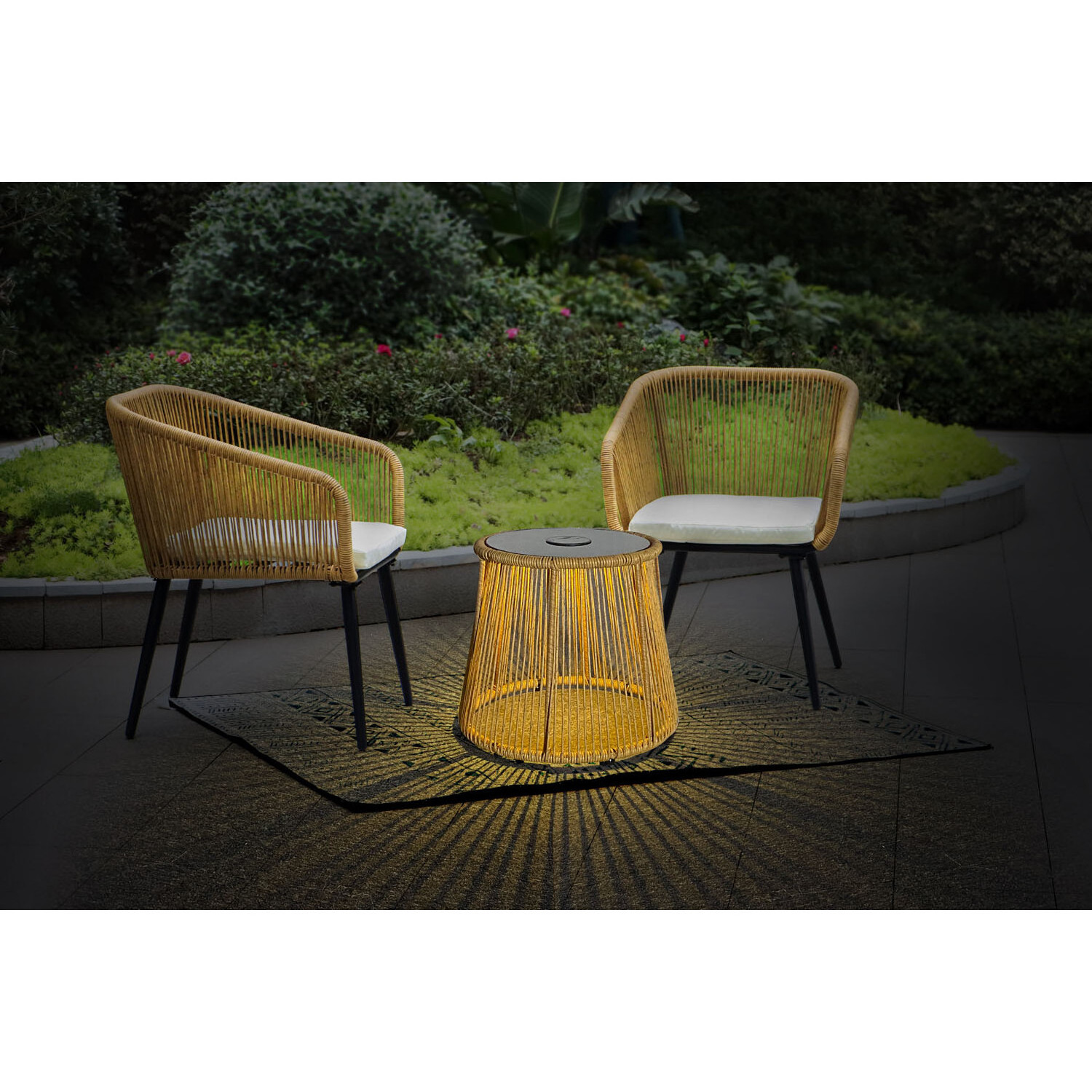 AJUNION Modern Design 3 Piece Bistro Set Wicker Rattan Chair Furniture Patio Bistro Set with LED Solar Light