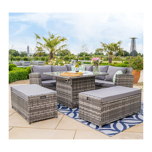 AJUNION Wicker Woven Garden Furniture Sofa Set Rattan Furniture Sofa Corner Dining Set Furniture with Fire Pit Table