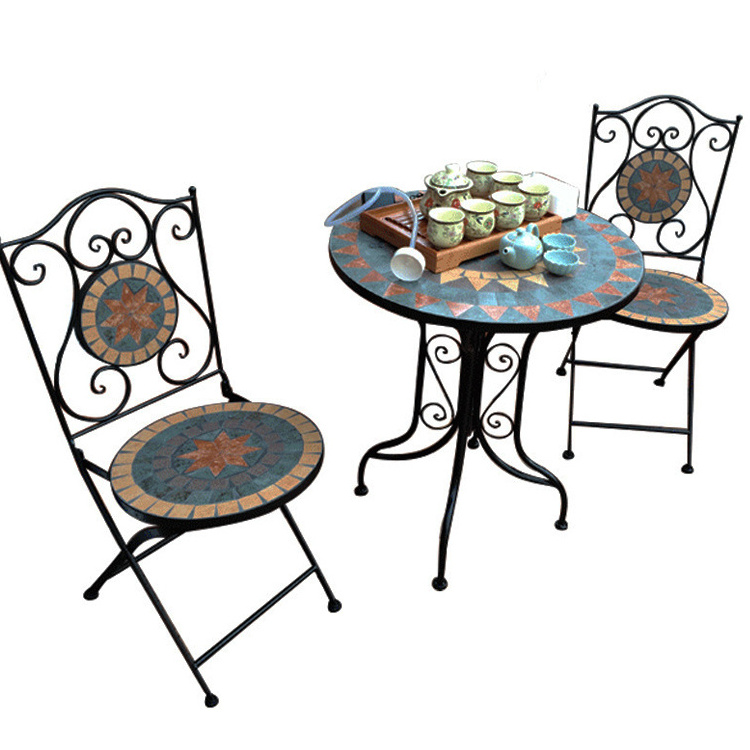 Nordic Antique Outdoor Balcony Patio Garden Bistro Metal Iron Mosaic  2 Seater Table and Chair