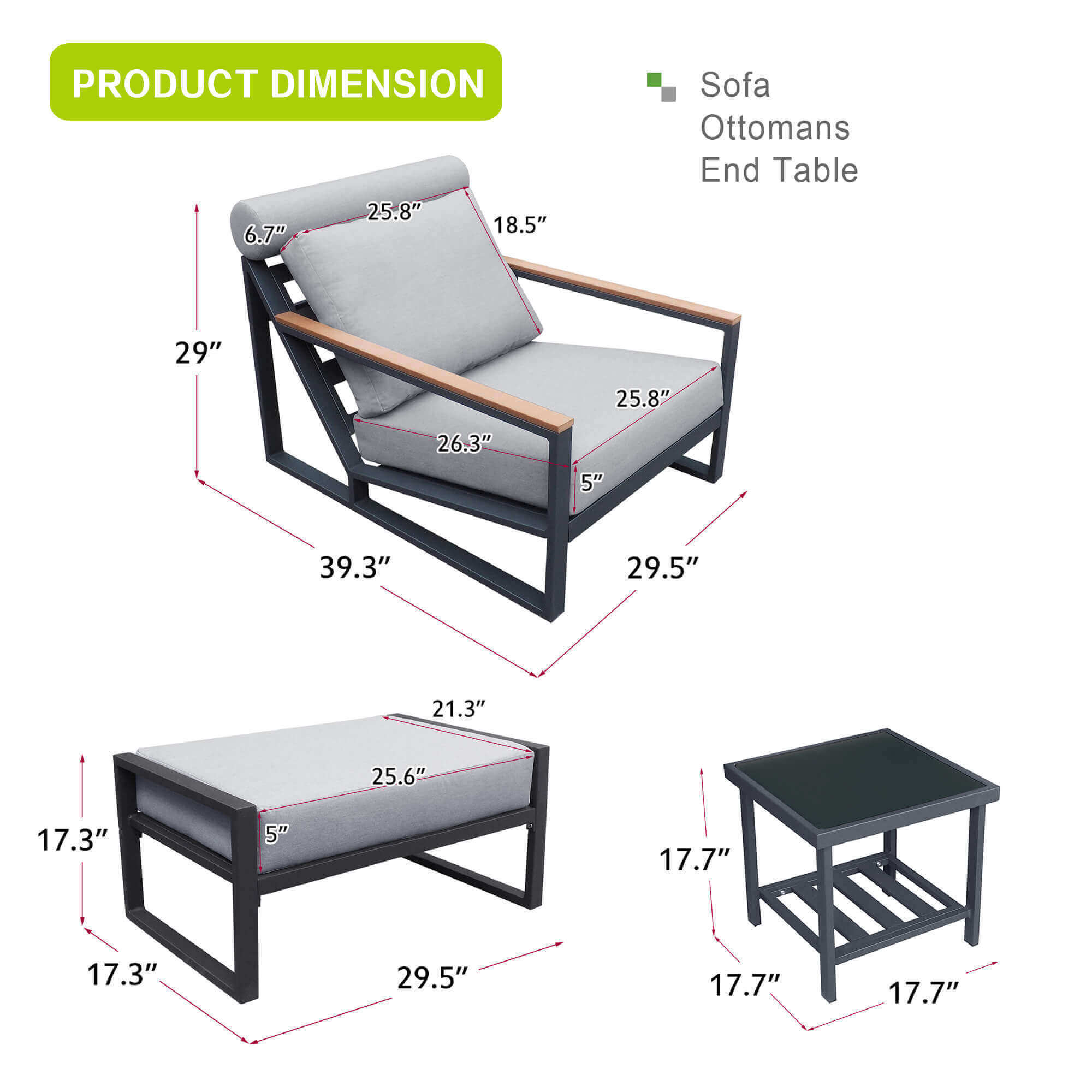 AJUNION Aluminum Patio Furniture Lounge Set Outside Leisure Furniture Patio Reclining Chair with Ottoman