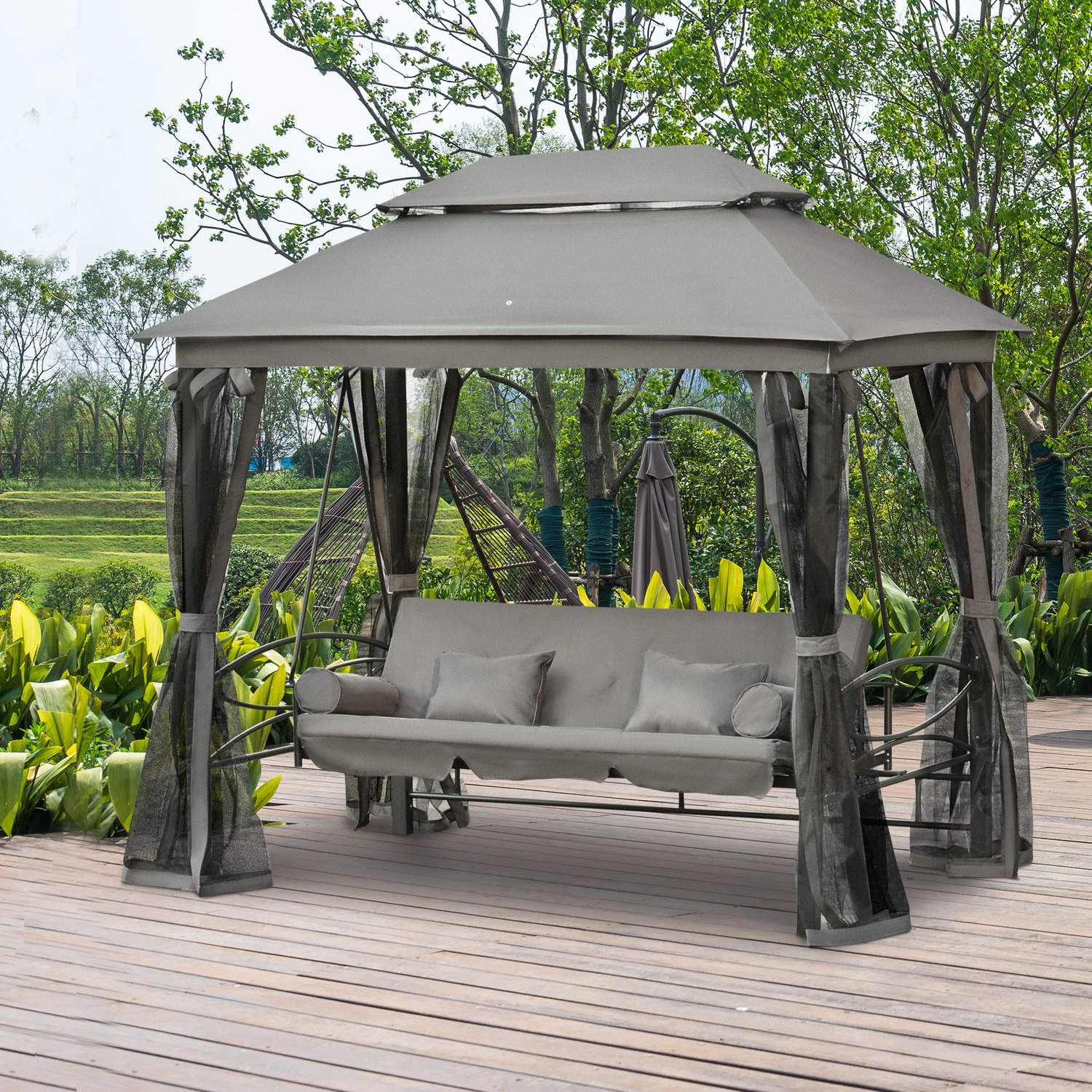 AJUNION Outdoor Patio Daybed 3 in 1 Canopy Gazebo Swing Chair Garden Hammock with Mesh Mosquito Net BestSuppliers