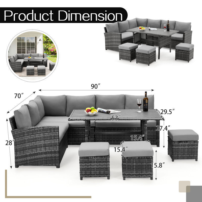 AJUNION 9 Piece Wicker Outdoor Furniture Rattan Sofa Set PE Wicker Woven Garden Set Rattan Sofa