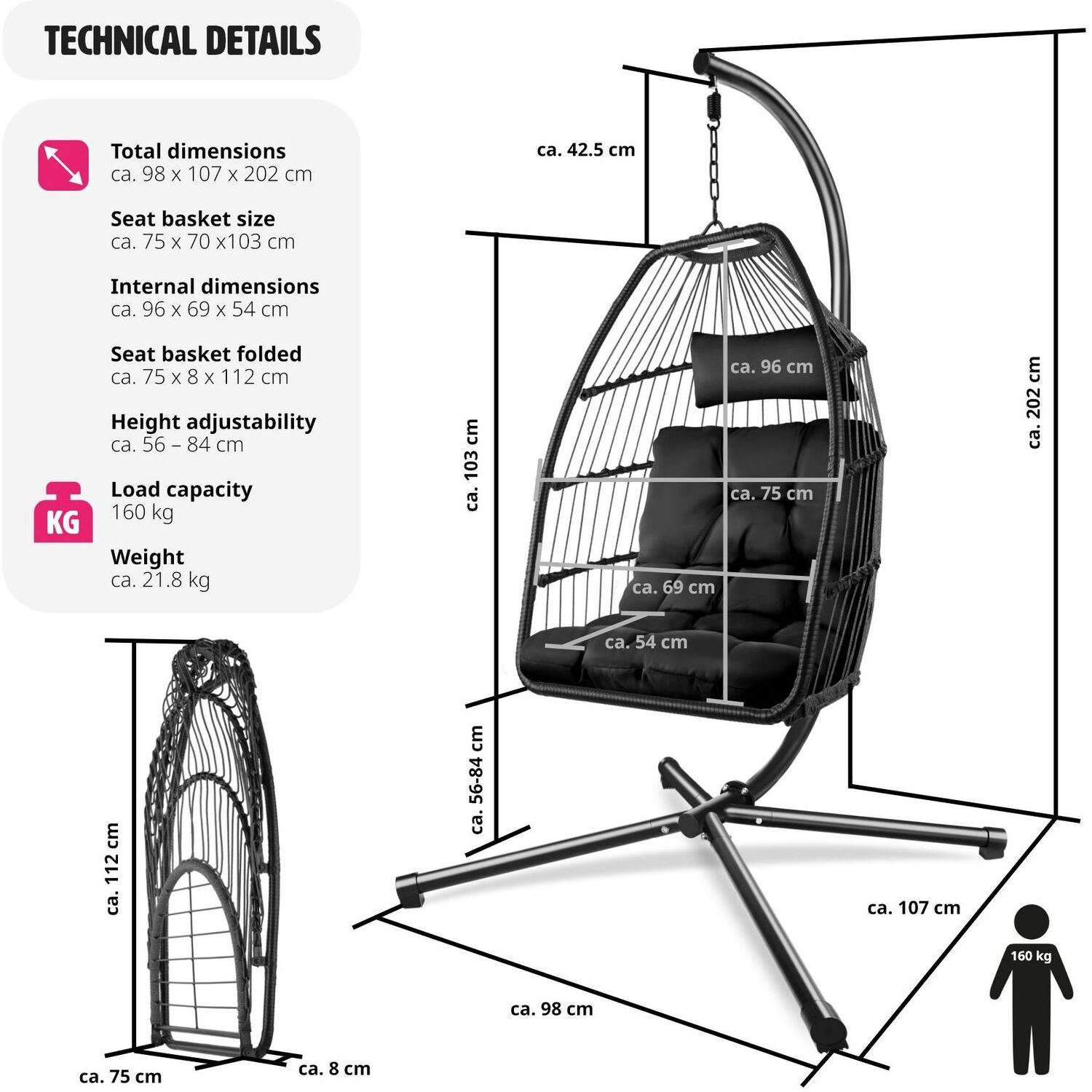 AJUNION Foldable Hanging Chair Patio Swing Chair Indoor Outdoor Hanging Teardrop Egg Chair