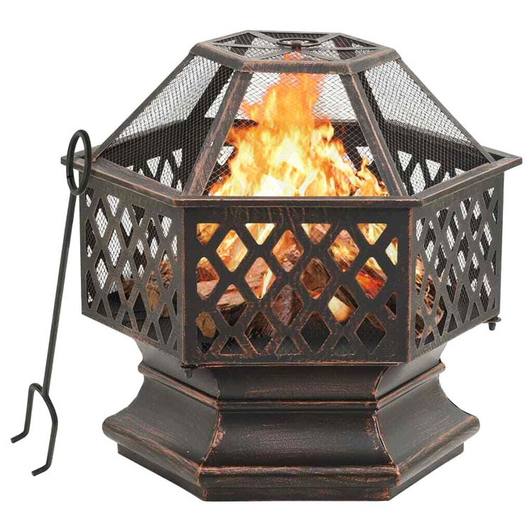 Outdoor Patio Backyard Garden Bonfire Camping Hexagon Crossweave Steel Wood Burning Firepit Fire Pit Bowl with Poker and Cover