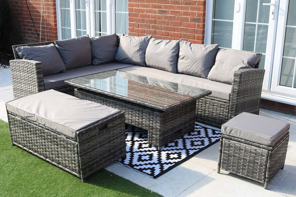 AJUNION All Weather Rattan Furniture Garden Sectional Sofa Outdoor Dining Rattan Furniture with Rising Table