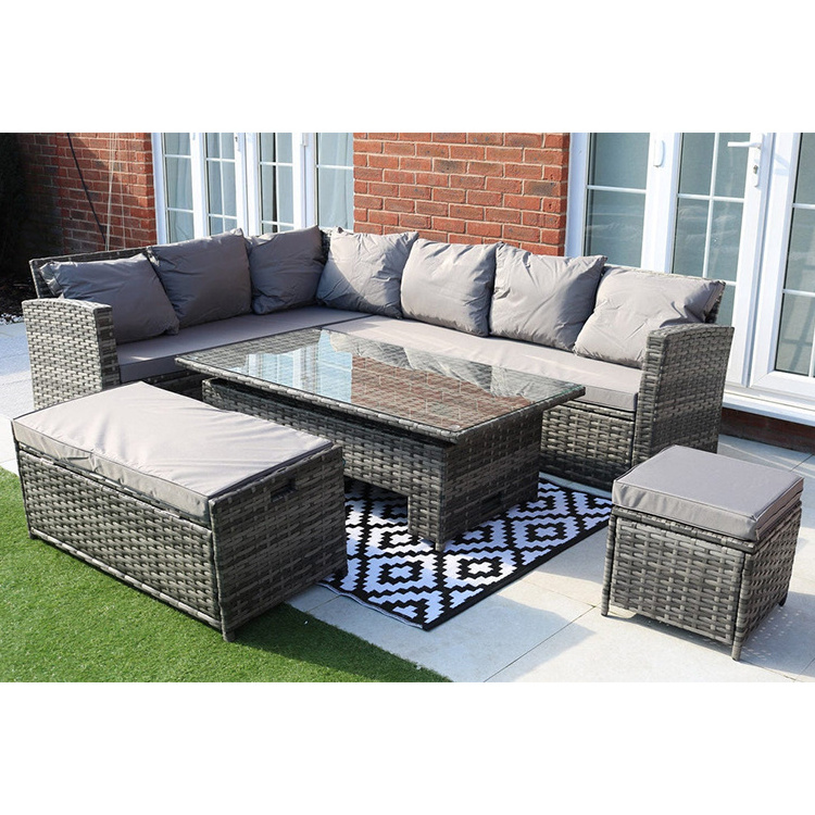 AJUNION All Weather Rattan Furniture Garden Sectional Sofa Outdoor Dining Rattan Furniture with Rising Table