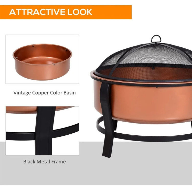 Modern Outdoor Patio Backyard Garden Bonfire Camping Portable Copper-Colored Round Metal Wood Burning Firepit Fire Pit