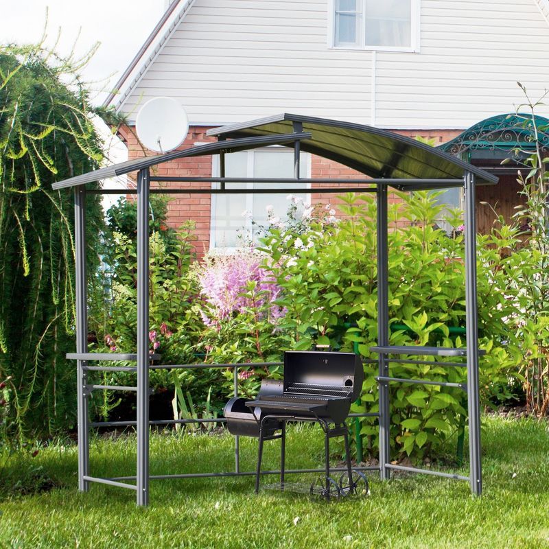 AJUNION 8x5ft Outdoor BBQ Gazebo Interlaced Vented Polycarbonate Roof Grill Gazebo Shelter with Side Shelves