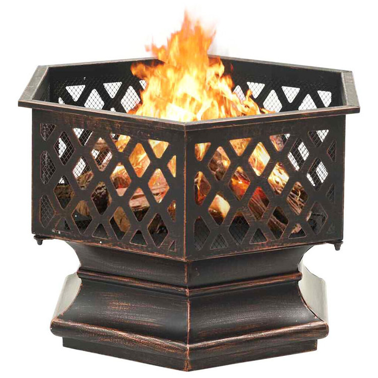 Outdoor Patio Backyard Garden Bonfire Camping Hexagon Crossweave Steel Wood Burning Firepit Fire Pit Bowl with Poker and Cover