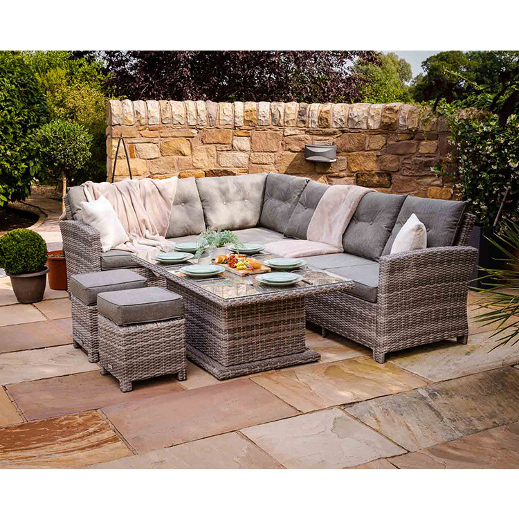 AJUNION Outdoor Rattan Garden Furniture Sectional Corner Sofa Patio Set with Adjustable Dining Table