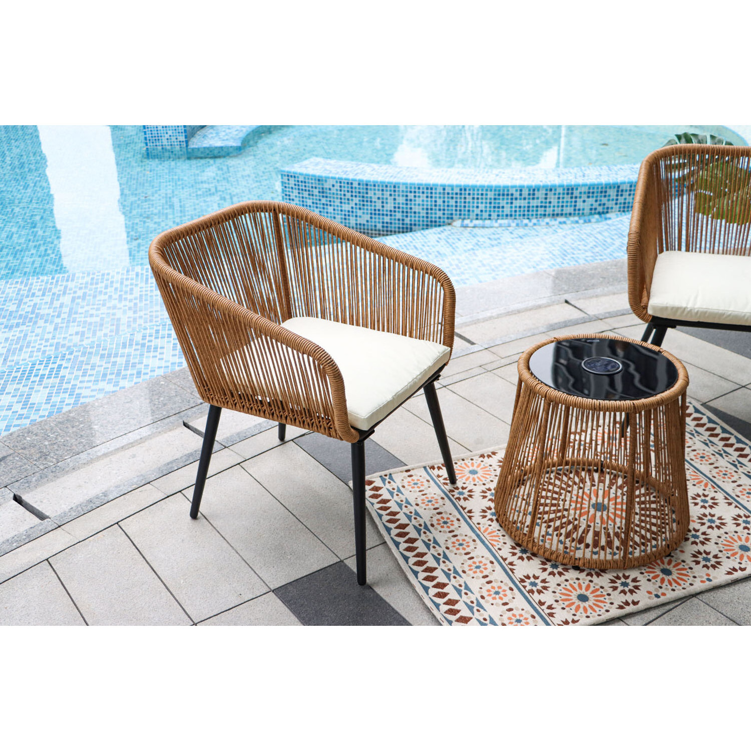 AJUNION Modern Design 3 Piece Bistro Set Wicker Rattan Chair Furniture Patio Bistro Set with LED Solar Light