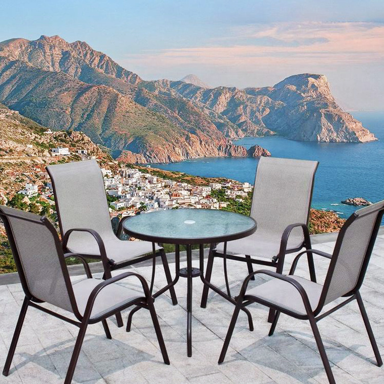 Outdoor Patio Restaurant Coffee Shop Garden Round Glass Top Dining Table and Teslin Chair Set