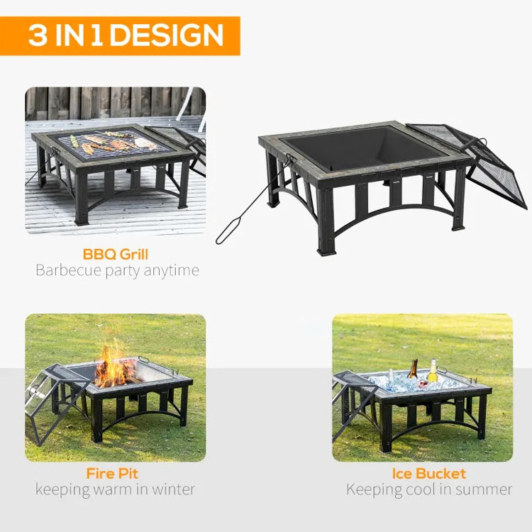 Outdoor Backyard Patio Garden Bonfire Camping Square Wood Burning Firepit Ice Bucket Charcoal BBQ Grill Fire Pit with Cover