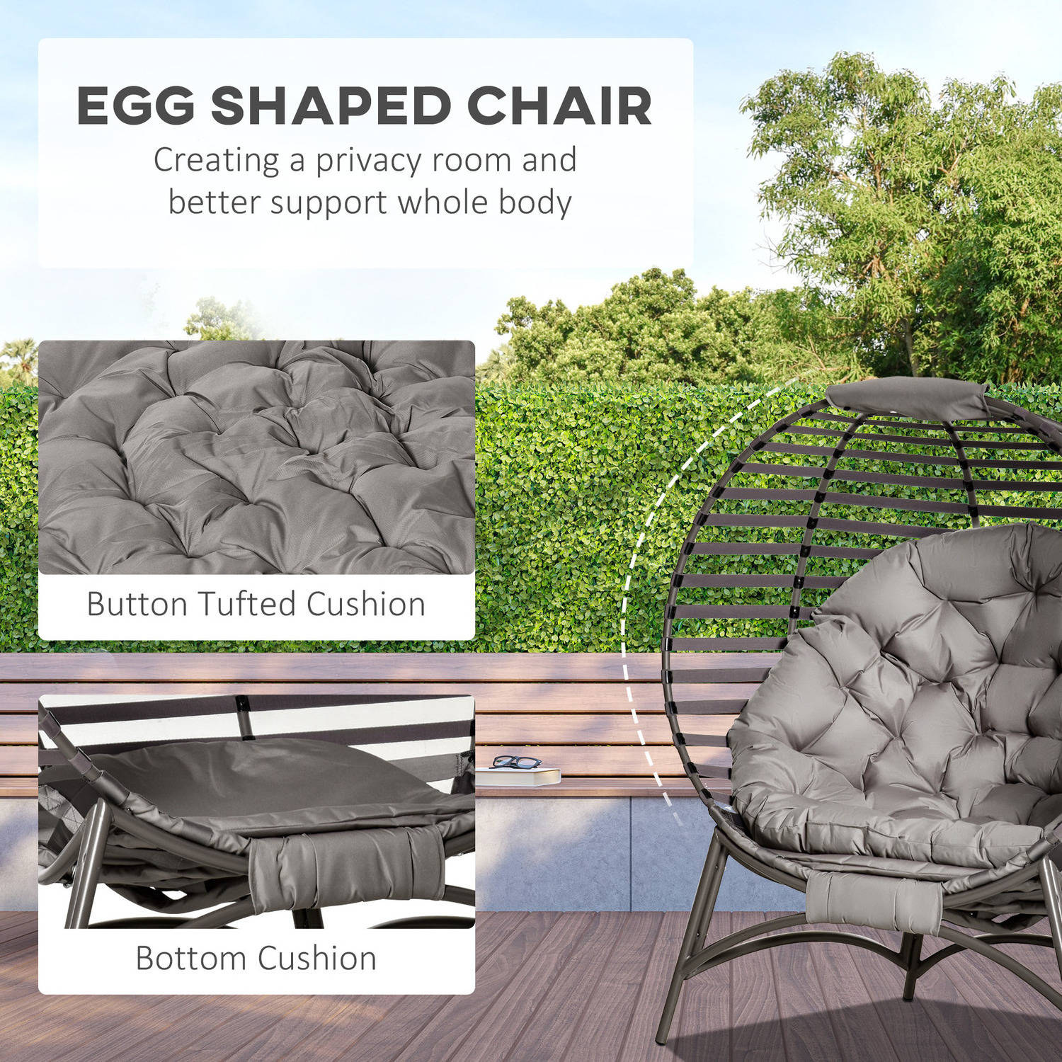 AJUNION 2 Seater Patio Egg Chair Foldable Design Steel Frame Standing Egg Chair