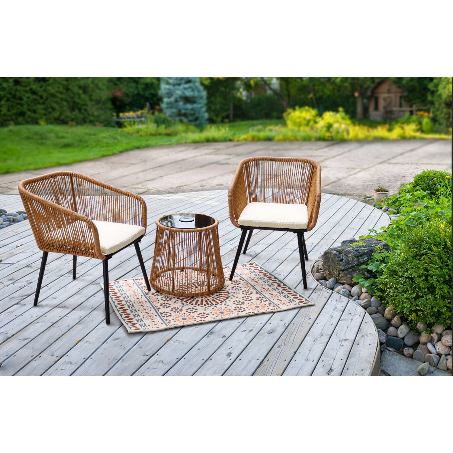 AJUNION Modern Design 3 Piece Bistro Set Wicker Rattan Chair Furniture Patio Bistro Set with LED Solar Light