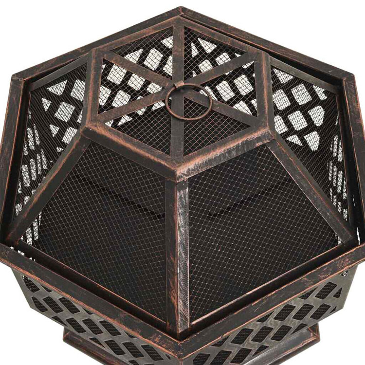 Outdoor Patio Backyard Garden Bonfire Camping Hexagon Crossweave Steel Wood Burning Firepit Fire Pit Bowl with Poker and Cover