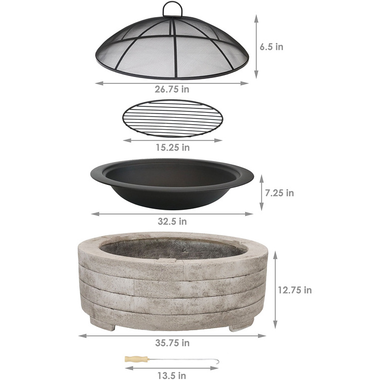 Outdoor Patio Garden Bonfire Camping Picnic Round Wood Burning Firepit Charcoal Barbecue Grill Artificial Stone Fire Pit Bowl