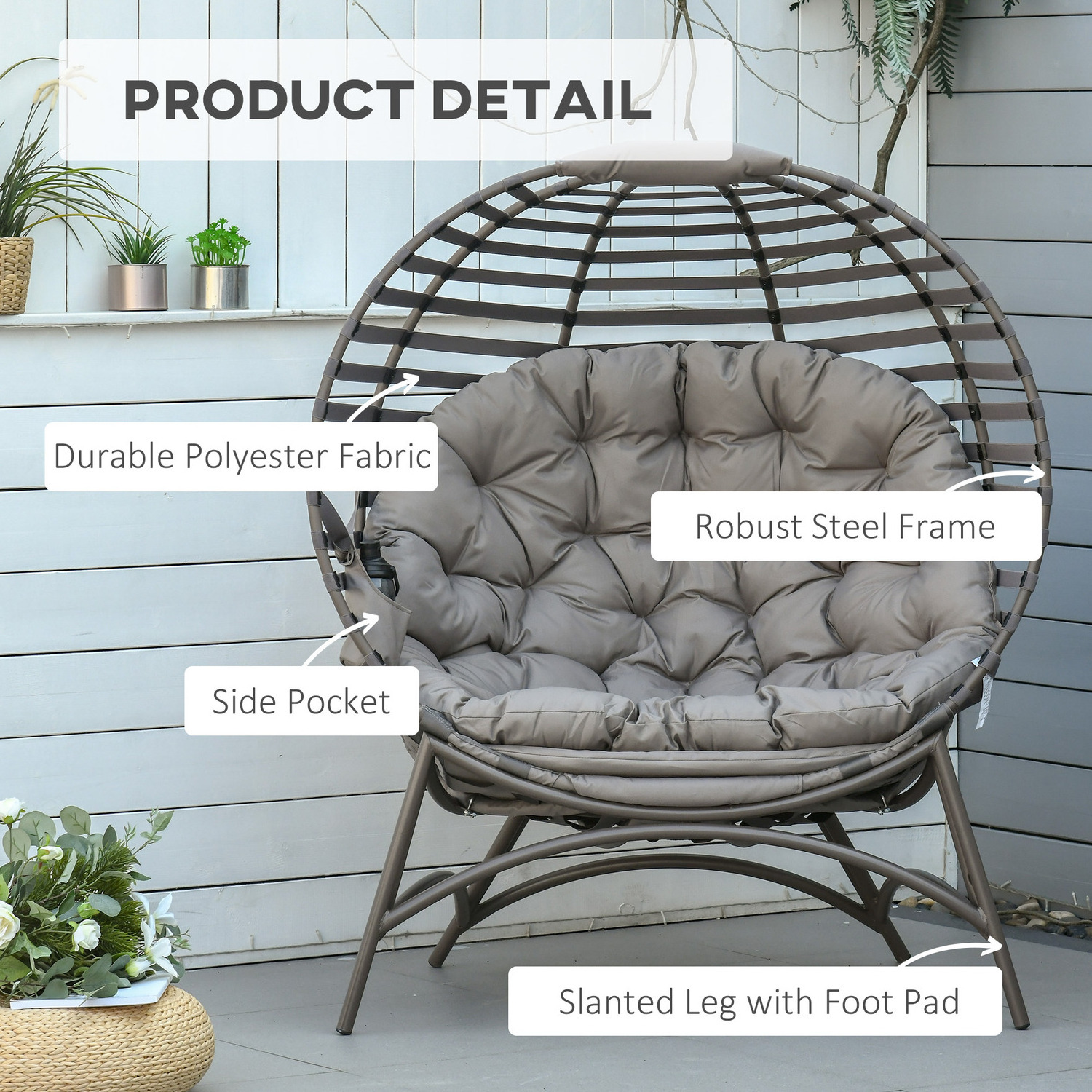 AJUNION 2 Seater Patio Egg Chair Foldable Design Steel Frame Standing Egg Chair