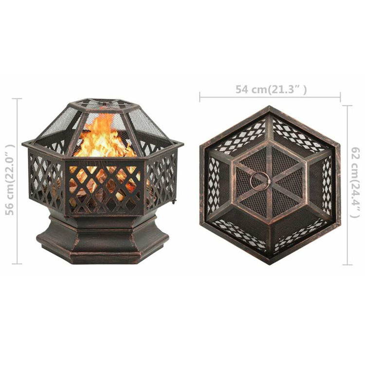 Outdoor Patio Backyard Garden Bonfire Camping Hexagon Crossweave Steel Wood Burning Firepit Fire Pit Bowl with Poker and Cover