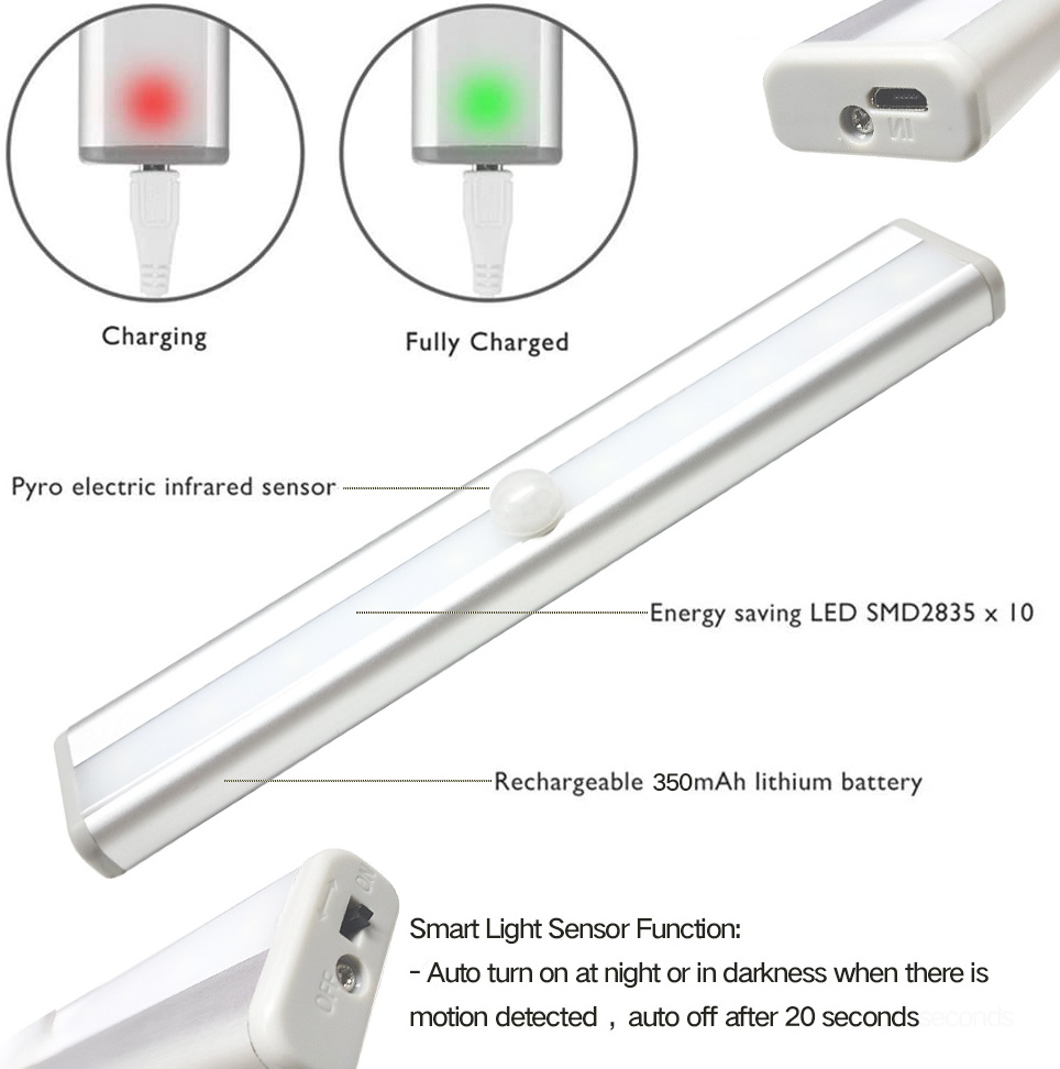 10 LED USB Cordless Under Cabinet Lighting Wireless Stick-on Battery Operated Motion Sensor Closet Lights for Wardrobe Stairs