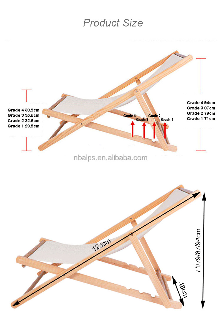 custom reclining 4 position flat pack balcony leisure outdoor lounge foldable wood beach chair with pillow