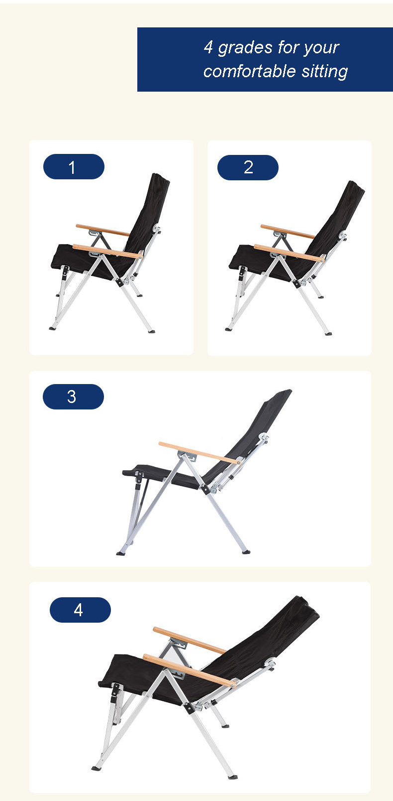 Oem beige metal custom aluminum lightweight luxury portable recliner back folding outdoor reclining camping chair with armrest