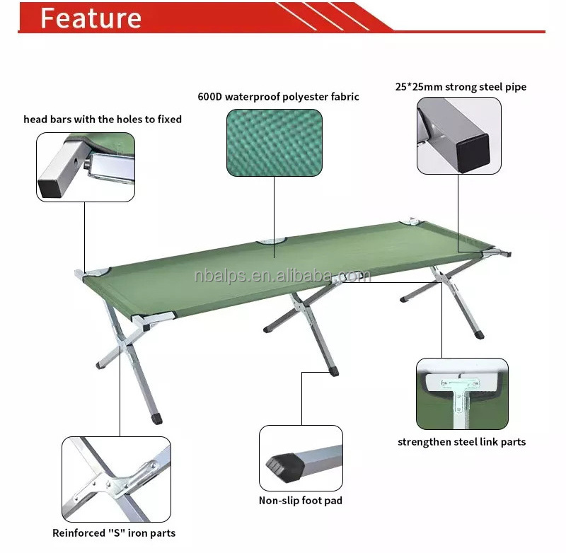 british green 150kg camping equipment folding lounge  office portable single metal solo camping cot foldaway bed for adults