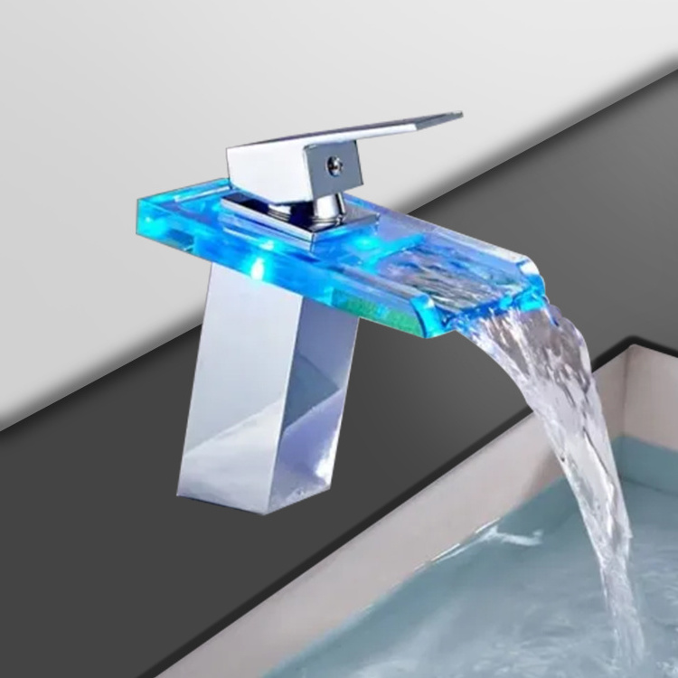 Led Basin Waterfall Bathroom Sink Faucet Light Led Luminous Washbasin Wash Basin Brass Basin Mixer Faucet Hot Cold Water