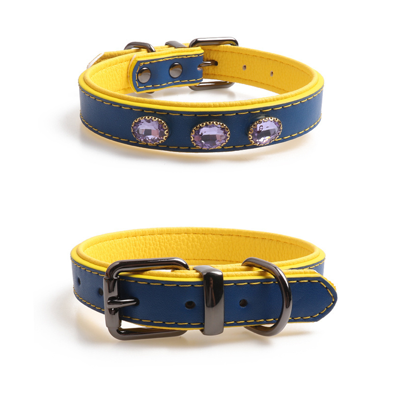 Amigo personalized bling crystal diamond genuine real leather gold metal buckle dog collar