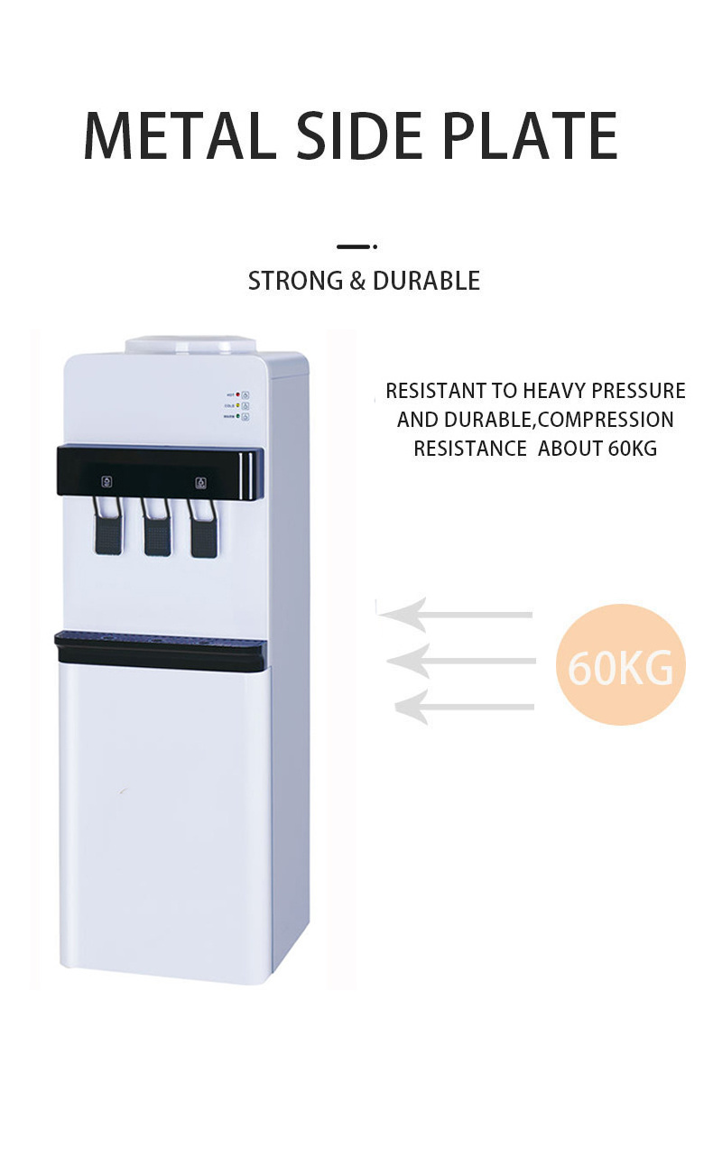 Top load 3 water taps hot and cold water dispenser drinking water cooler compressor cooling with fridge cabinet dispenser home