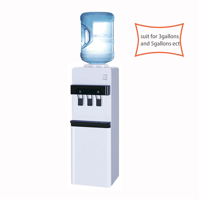 Top load 3 water taps hot and cold water dispenser drinking water cooler compressor cooling with fridge cabinet dispenser home