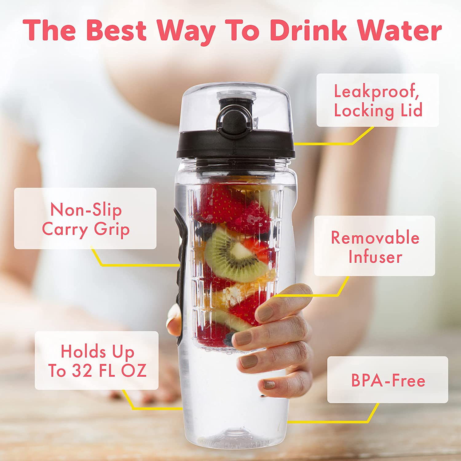 Fruit Infuser Water Bottle - 32 oz 0.25 gallon Water Bottle, Large Leakproof Plastic Fruit Infusion Water Bottle