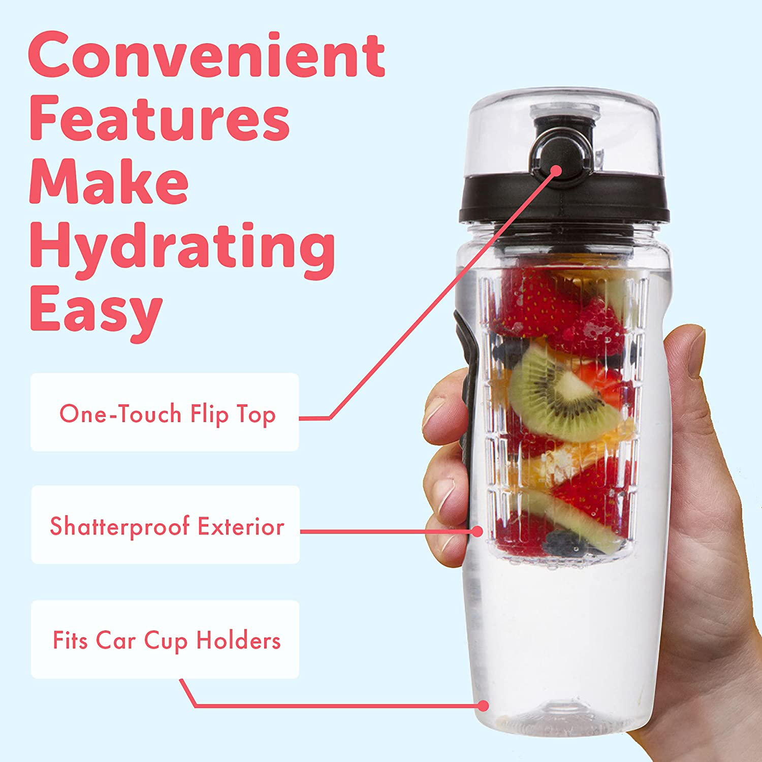 Fruit Infuser Water Bottle - 32 oz 0.25 gallon Water Bottle, Large Leakproof Plastic Fruit Infusion Water Bottle