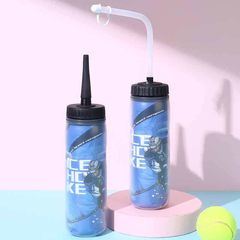 Ice hockey sports bottle squeeze water bottle large capacity long mouth straw bottle