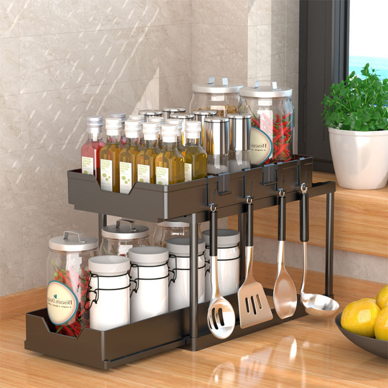 High Quality ABS Plastic 2Tier Under Sink Kitchen Storage Rack Organizer Organization White Black Color