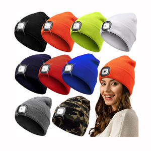 Rechargeable Winter Warm Knit Lighted Cuffed Headlight Headlamp Cap Unisex Winter LED Beanie Hat with Light