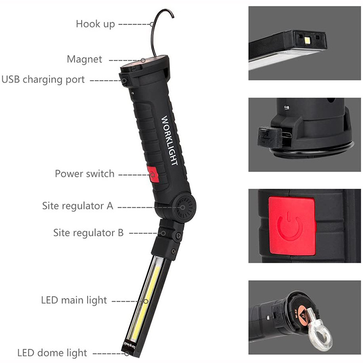 LED Work Light,  COB Rechargeable Work Lights with Magnetic Base 360 Degree Rotate and 5 Modes LED Flashlight Inspection Light