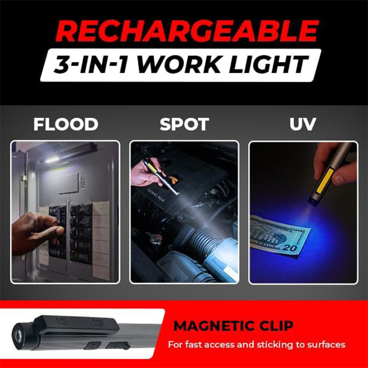 Rechargeable 3-1 LED COB Work Light Flashlight has 3 Modes a Pen Light, Flood Light, and 365nm UV Light